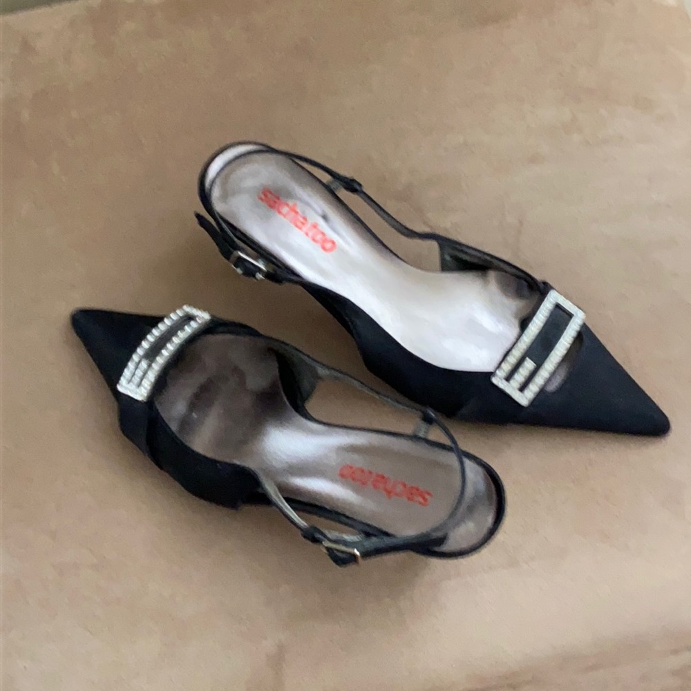 Sasha Too black satin heels with rhinestones